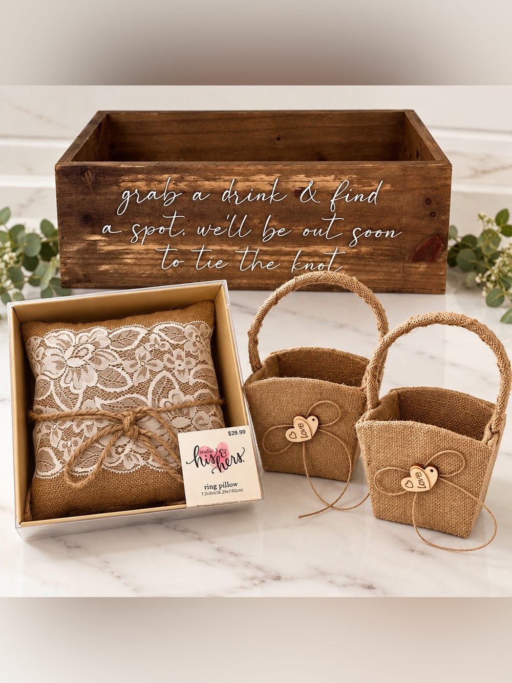 Wedding Bundle Set - Flower baskets, ring bearer pillow & wood box